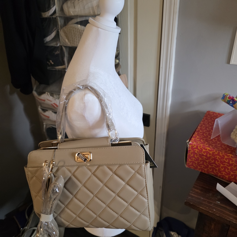 Badgley Mischka Quilted Crossbody & Top-Handle Bag in Beige
